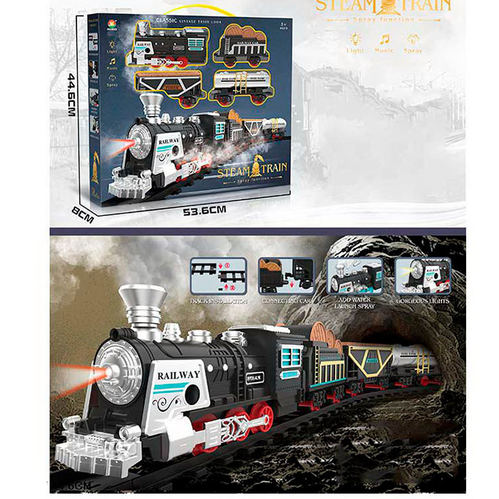 Залізниця 699-25A (10шт) локомотив, вагони 3шт, звук, світло, пара/дим, на бат-ці, в кор-ці, 53,5-45-8см, фото 1