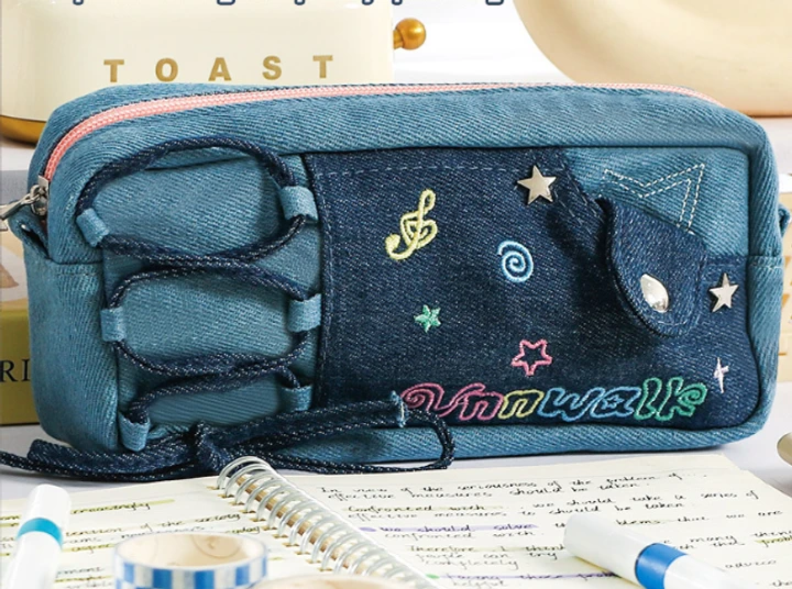 Пенал шкільний джинсовий у корейському стилі y2k kpop на 1 відділення, 20х8х5 см, синій, фото 1
