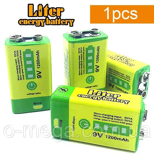 Акумулятор LITER Крона 9v 1200mAh Li-Ion MicroUSB, багаторазова батарейка (6F22, 6LR61, 1604D) ОРИГІНАЛ