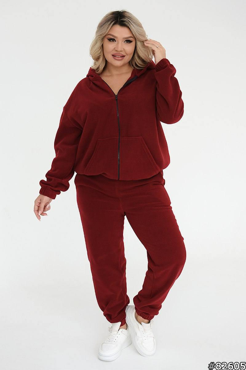 Бордовий жіночий прогулянковий костюм із двостороннього флісу батал, фото 1