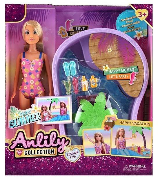 Лялька з аксесуарами 616112 (18) висота 29 см, знімний одяг та взуття, об’ємний басейн, гірка, пальма, склянки для напоїв, крем