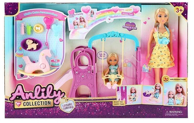 Набір ляльок 616622 (12) 2 ляльки, висота 30 см, знімний одяг та взуття, майданчик з гойдалкою та гіркою, кульки, пляшечки,