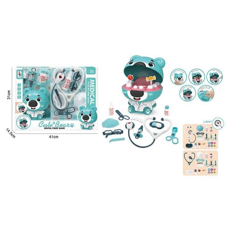 Набір лікаря SD 169-356 A (15) “Стоматолог”, висота ведмедика - 16 см, скарбничка, стетоскоп, підсвічування, шприц, ножиці, щипці,