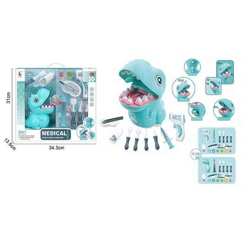 Набір стоматолога SD 169-292 A (18/2) скарбничка, шприц, фігурка динозавра з рухомою щелепою, інструменти, зубна паста, щітка,