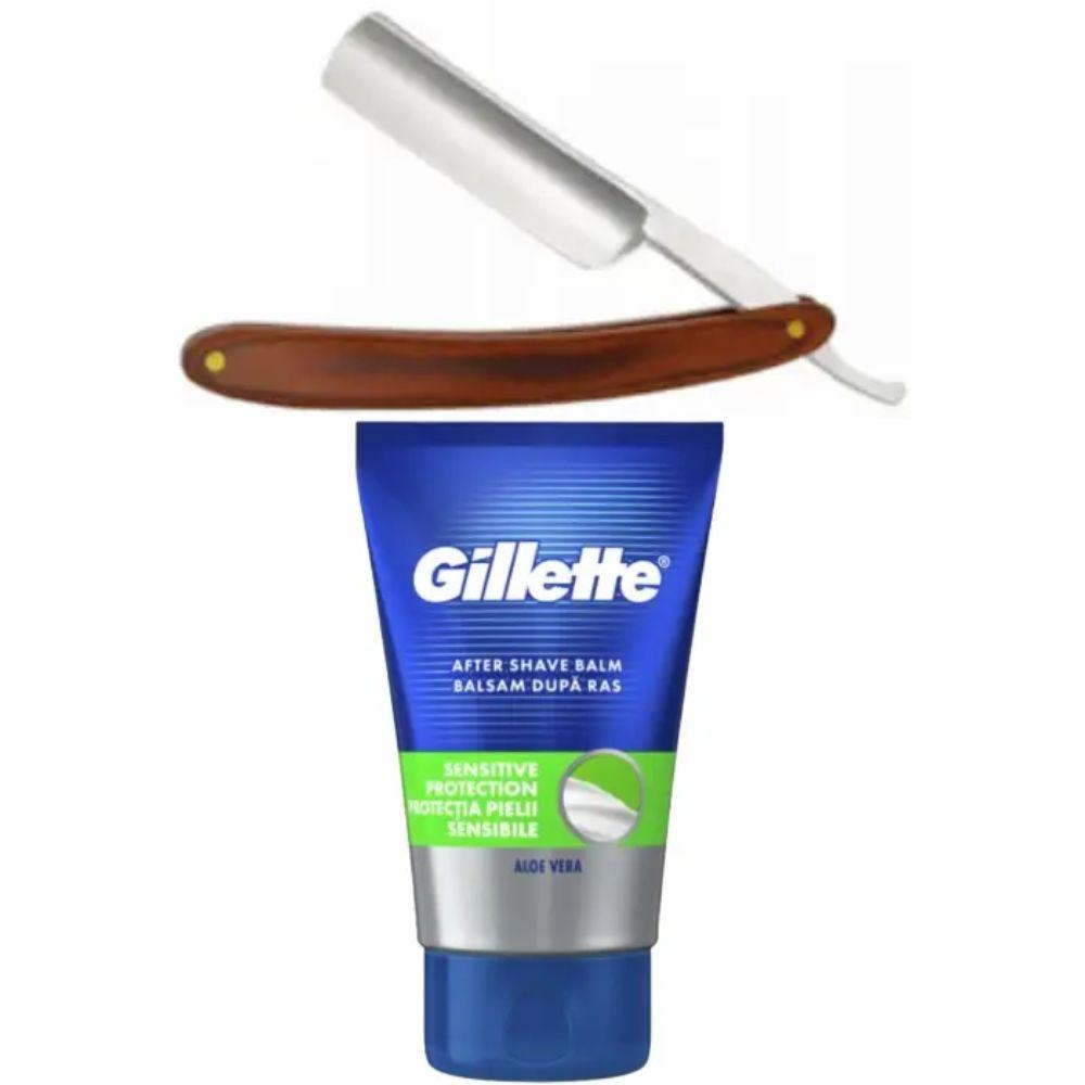 Небезпечна бритва/шавета розкладна Straight Razor + бальзам після гоління Gillette Sensitive Protection, фото 1