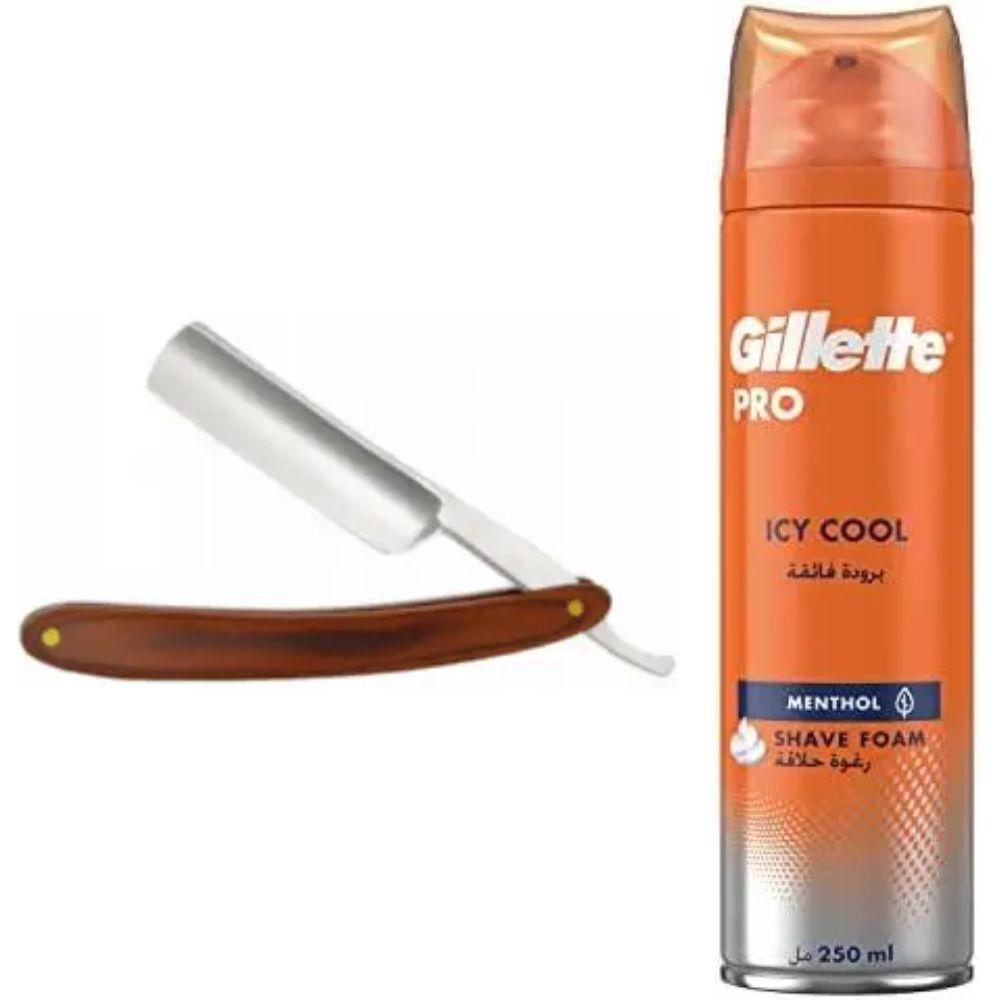 Небезпечна бритва/шавета розкладна Straight Razor + піна для гоління Gillette Pro Icy Cool з ментолом, фото 1