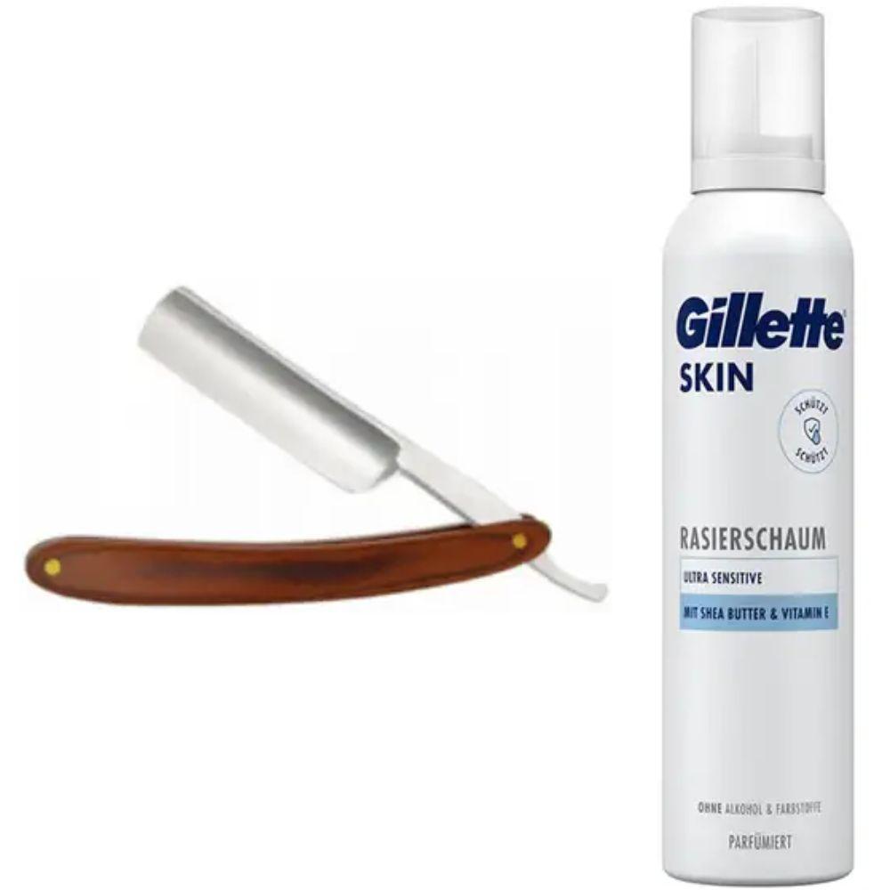 Небезпечна бритва/шавета розкладна Straight Razor + піна для гоління Gillette Skin Ultra Sensitive для надчутливої шкіри, фото 1