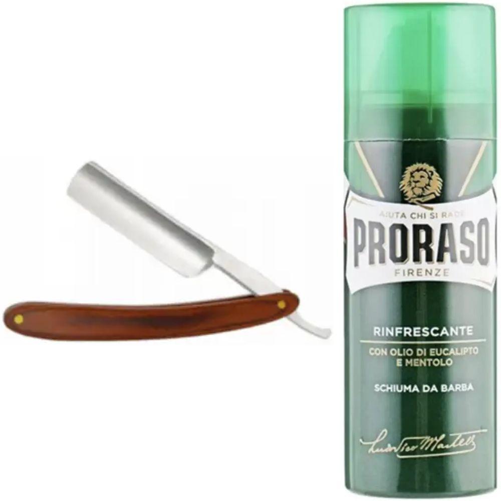 Небезпечна бритва/шавета розкладна Straight Razor + піна для гоління Proraso тонізуюча з евкаліптом і ментолом 100 мл, фото 1