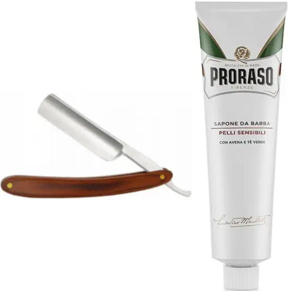 Небезпечна бритва/шавета розкладна Straight Razor + крем для гоління Proraso для чутливої шкіри з екстрактом зеленого чаю, фото 1