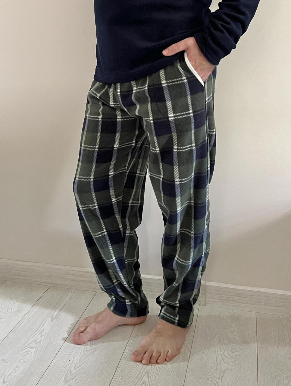 Штани чоловічі теплі з флісу в клітину синьо-зелені, фото 1