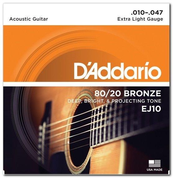 Струни для акустичної гітари D'ADDARIO EJ10 Bronze 80/20 Extra Light, бронза, .010 - .047