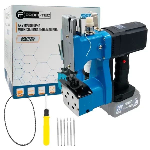 Акумуляторна машина для зшивання мішків PROFI-TEC BSM1720V (20V, 1700 стіб/хв, каркас, коробка), фото 1