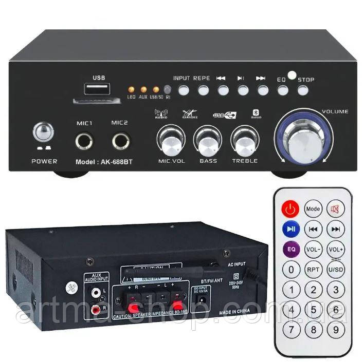 Двоканальний підсилювач потужності звуку з USB та Bluetooth, AMP 688 BT 2CH Музичний підсилювач звуку
