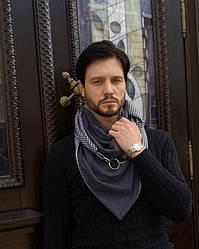 Чоловічий 2-сторонній вовняний шарф, темно-сірий, гусина лапка "Единбург", на кільцях, від My scarf снуд, бактус