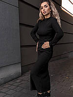 Женское миди-платье из трикотажа с длинным рукавом и высоким разрезом