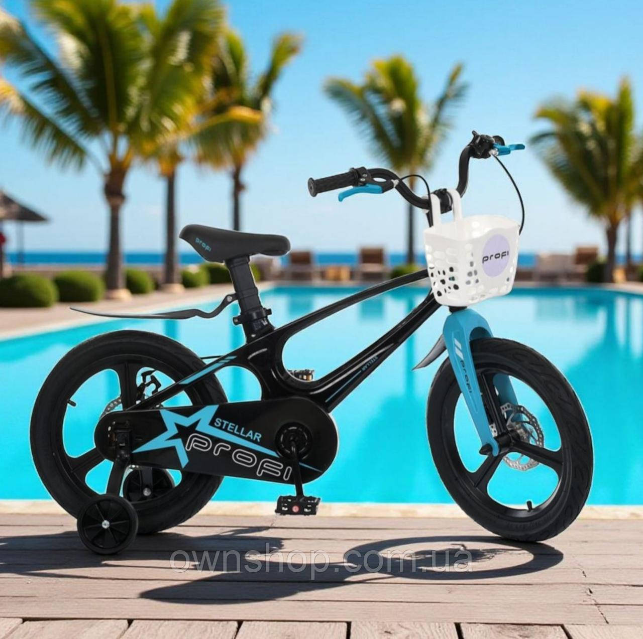 Дитячий магнієвий велосипед, доп.колеса, крила, кошик, дискові гальма, PROF1 14", фото 1