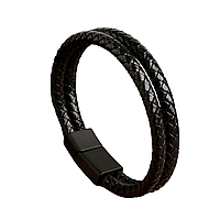 Браслет плетений чорний 21см шкірозамінник+метал (2 ремінці)