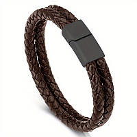 Браслет плетений коричневий 21см штучна шкіра+метал (2 ремінці)