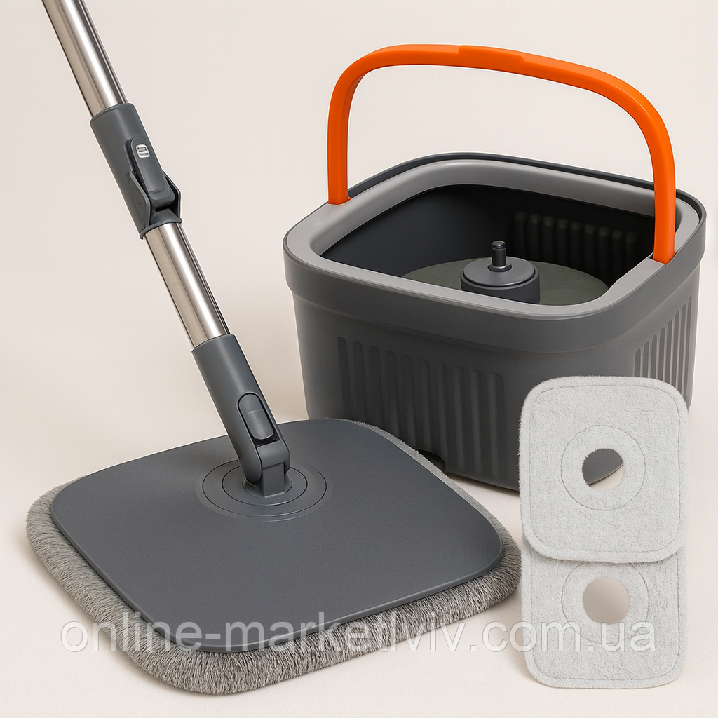 Швабра з безконтактним віджимом та відром 5,8 л + 2 насадки / Швабра для миття підлоги / Швабра ледар з відром, фото 1