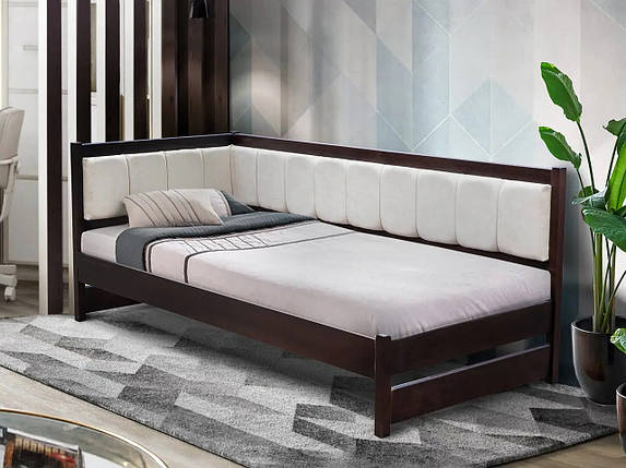 Кутове ліжко Лілі горіх темний 90х200 м'яке узголів'я беж ліве TM Мікс-Меблі, фото 1