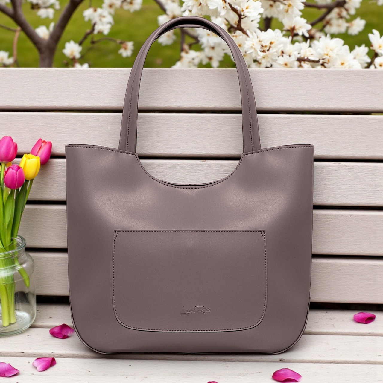 Велика класична сумка жіноча шоппер на плече темно бежева велика для документів з екошкіри, фото 1