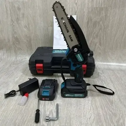 Акумуляторна ланцюгова пила Krafftec 48V 6Ah – компактна пила 15 см, 2 АКБ, 6000 об/хв, кейс, фото 1