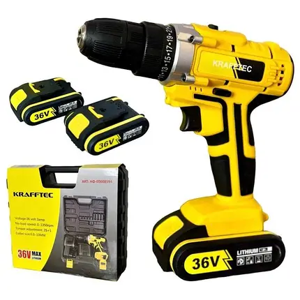 Акумуляторний ударний шуруповерт Krafftec 36V 4Ah з 2 АКБ, 45 Нм, патрон 13 мм, LED підсвітка, кейс, фото 1