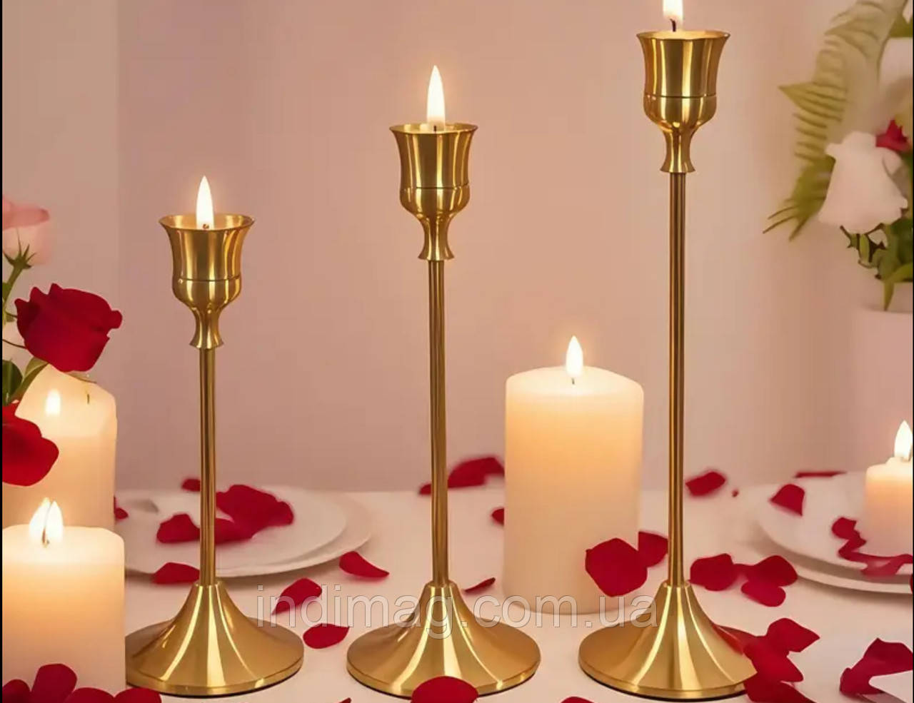 Набір високих металевих золотих свічників 3 предмети, фото 1