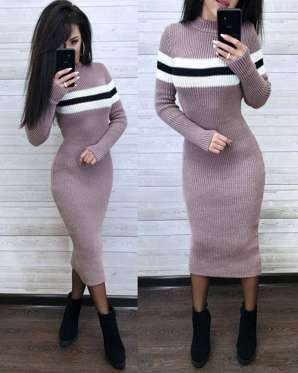 Жіноче в’язане плаття міді з вовни 50% зі смужкою – бордо, капучино, кемел, пудра, джинс – універсальний розмір 42-46, фото 1