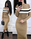 Жіноче в’язане плаття міді з вовни 50% зі смужкою – бордо, капучино, кемел, пудра, джинс – універсальний розмір 42-46, фото 6