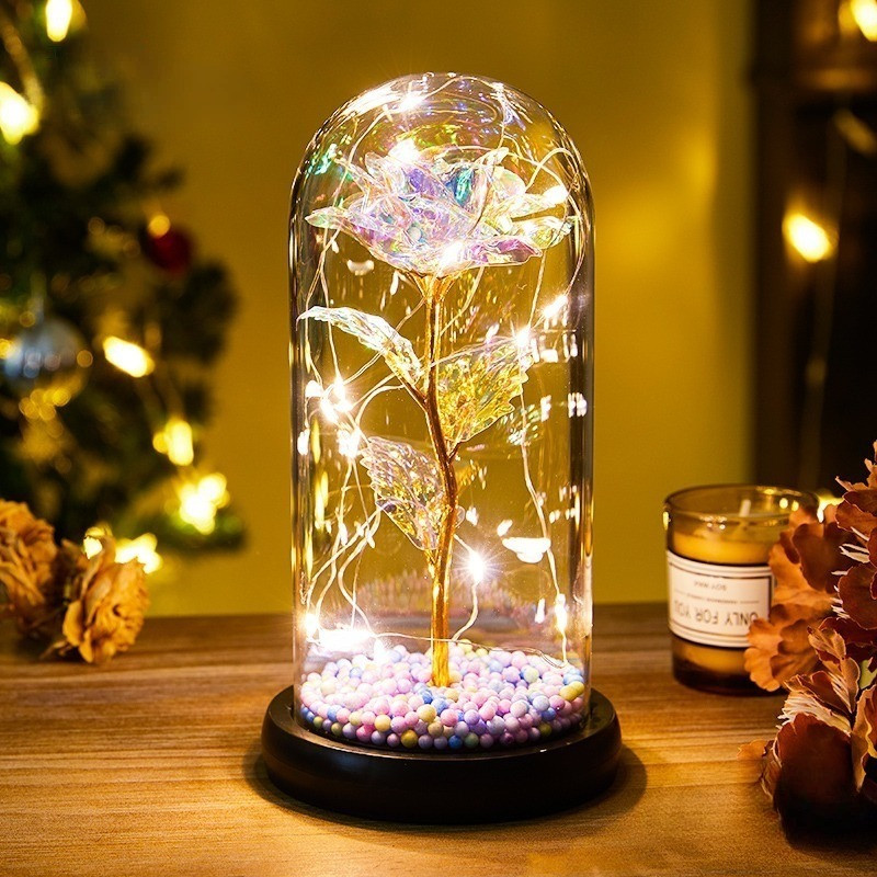 Вічна троянда у скляній колбі з теплою LED підсвічуванням, на батарейках, фото 1