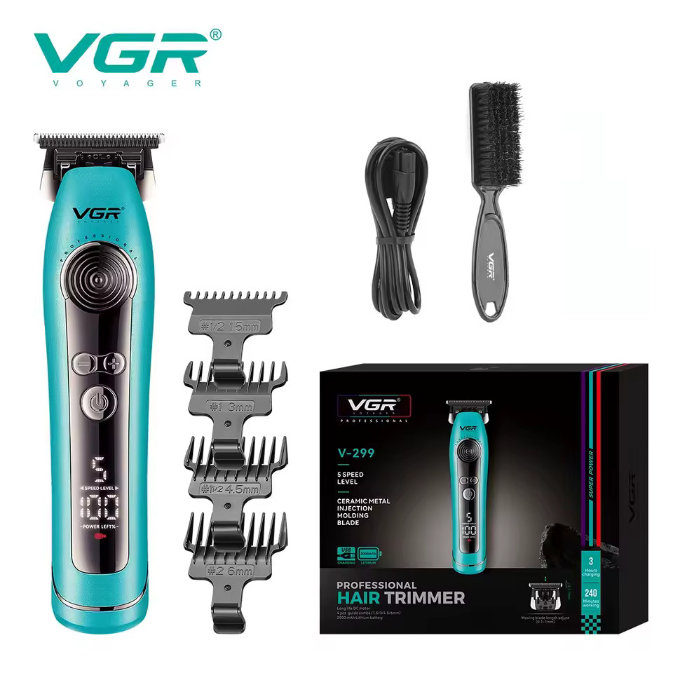 Тример VGR V-299 BLUE, 4 насадки, 9000RPM, 2000 mAh, 5 рівнів швидкості, LED display, фото 1