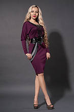 Трикотажне плаття в кольорі марсала з шкіряним чорним мереживом на грудях