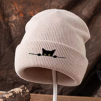 Шапка модна з котиком бежева Шапка з вишивкою