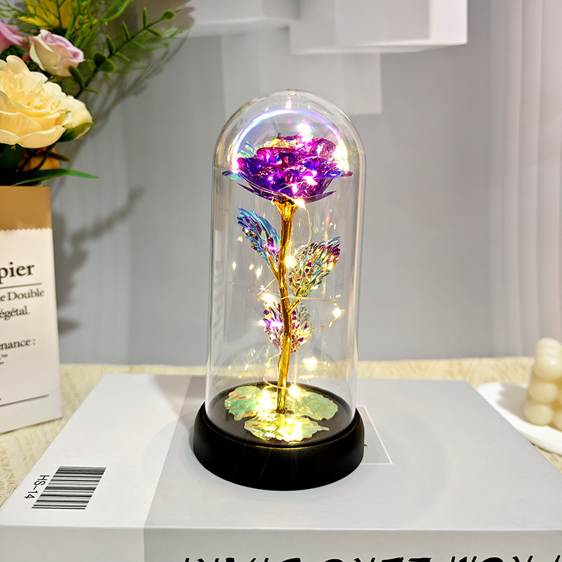 Вічна троянда у колбі з теплим LED підсвічуванням, на батарейках Фіолетова, фото 1