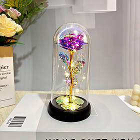 Вічна троянда у колбі з теплим LED підсвічуванням, на батарейках Фіолетова