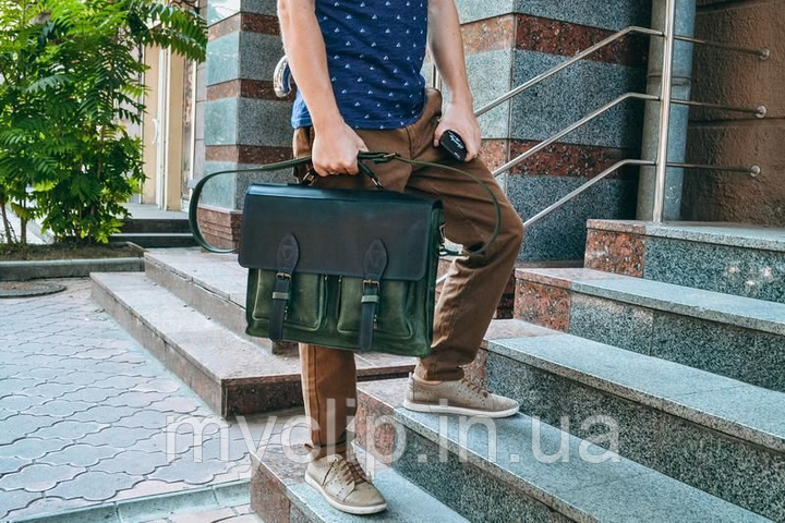 Чоловіча сумка для документів, Чоловіча шкіряна сумка, сумка-портфель чоловіча зелена 46 см*35 см, фото 1