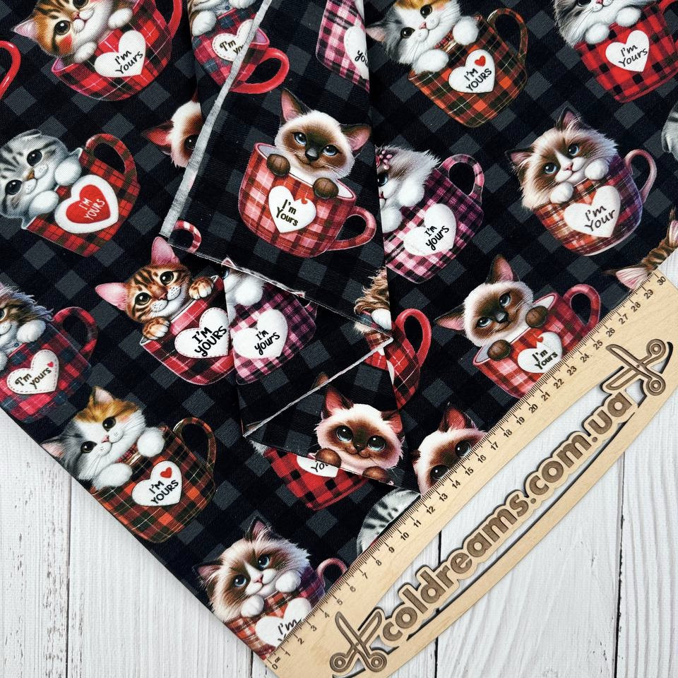 Стрейч кулір принт "Котики і кава"- 180см. (діджитал)