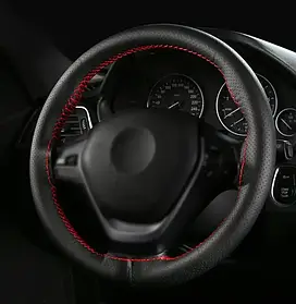 Чохол на кермо чорний з червоною ниткою ЕКОШКІРА арт 4433-1