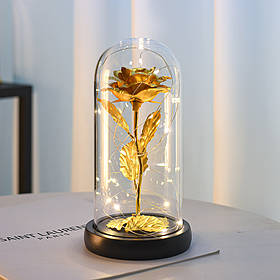 Вічна троянда у колбі з теплим LED підсвічуванням, на батарейках Золота