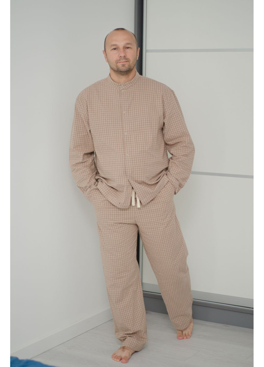 Чоловіча піжама зі стійкою у клітинку бежева з тонкої фланелі PAPLYK 0067, фото 1