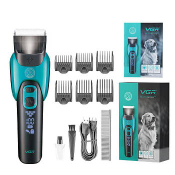 Машинка для стрижки тварин VGR V-208 акумуляторна з LED-дисплеєм для собак та котів з 6 насадками