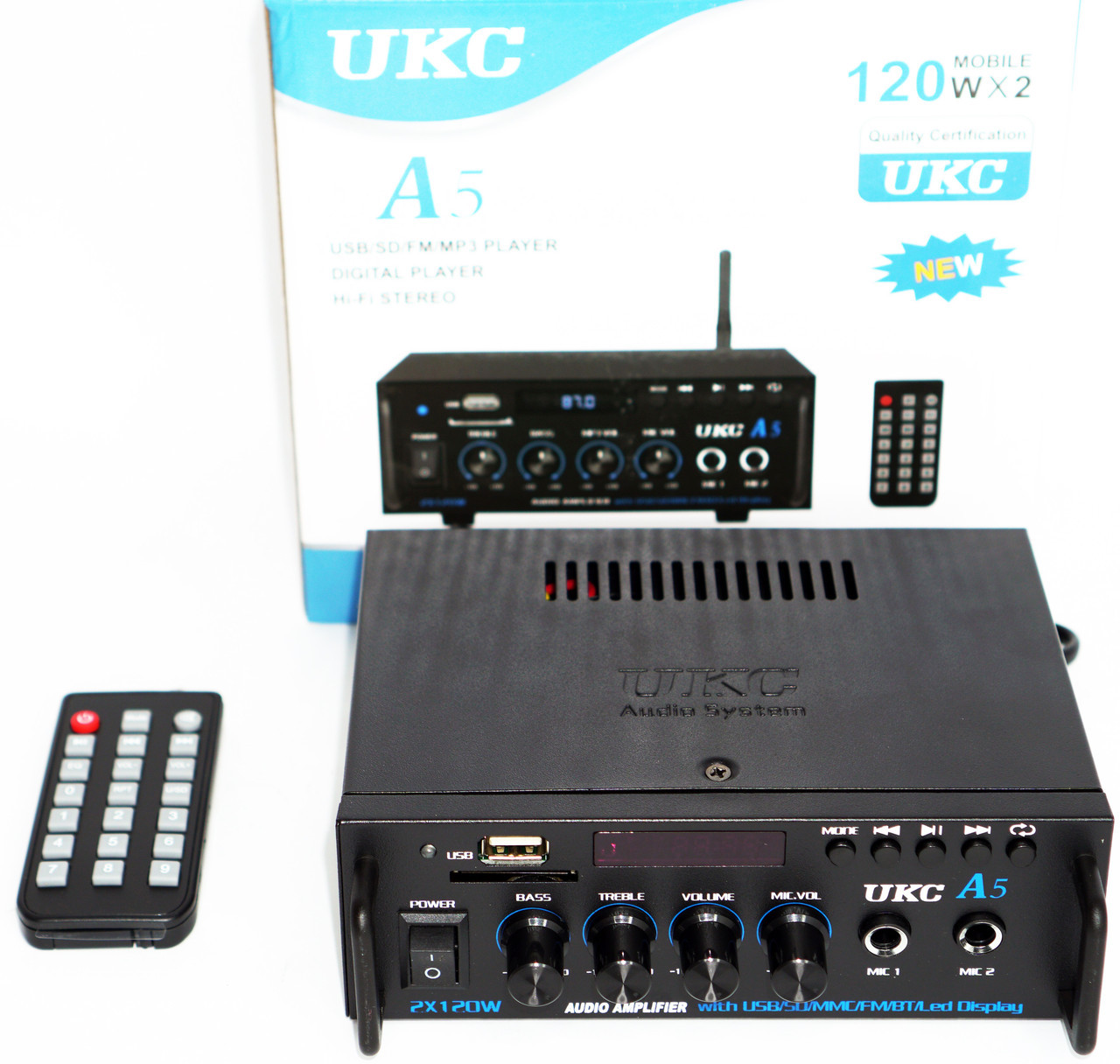 Підсилювач звуку UKC А5 2CH 2x50Вт USB+SD+FM+AUX+пульт – компактний двоканальний підсилювач для дому та авто