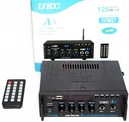 Підсилювач звуку UKC А5 2CH 2x50Вт USB+SD+FM+AUX+пульт – компактний двоканальний підсилювач для дому та авто, фото 1