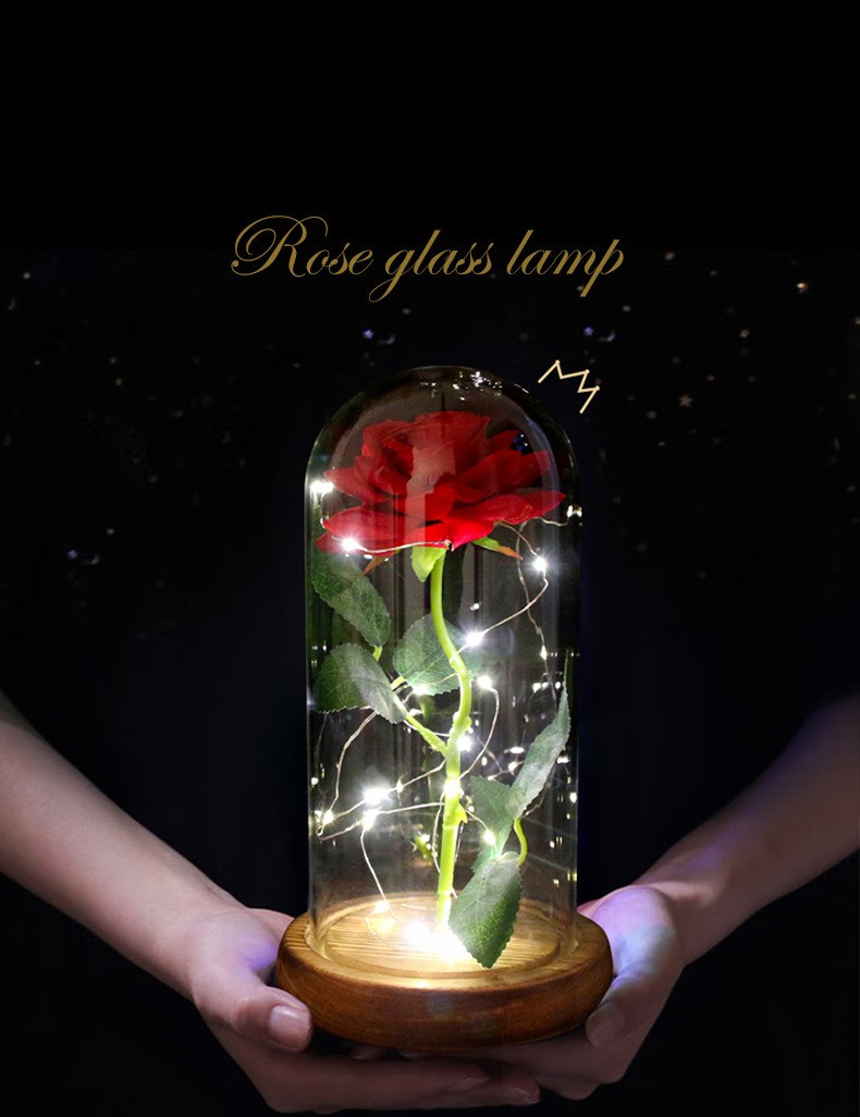 Вічна троянда у скляній колбі з LED підсвічуванням, на батарейках, червона/коричневе дно, фото 1