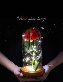 Вічна троянда у скляній колбі з LED підсвічуванням, на батарейках, червона/коричневе дно