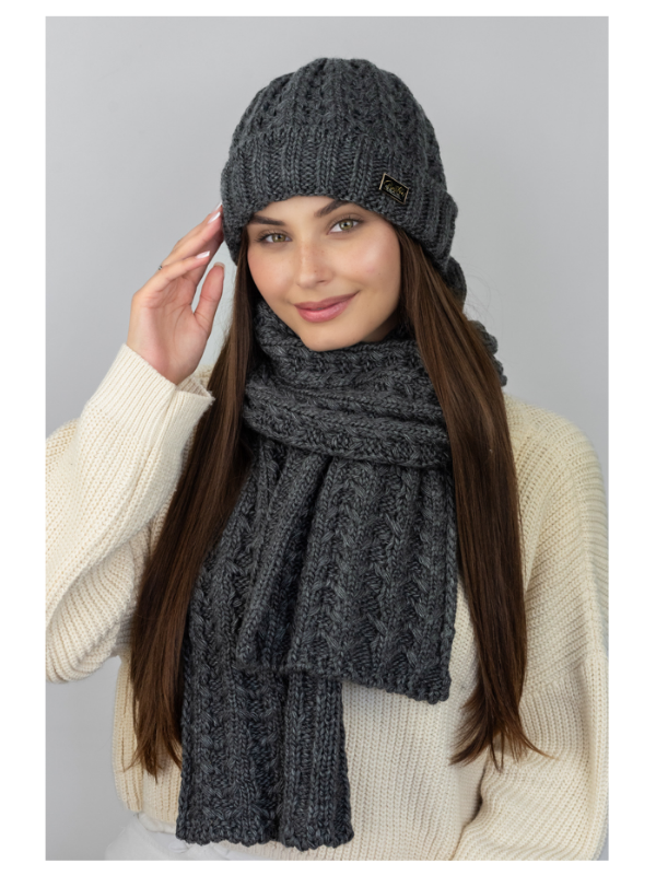 Шапка жіноча на флісі із шарфом комплект Нордик темно сірий, фото 1