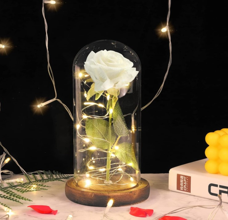 Вічна троянда у скляній колбі з LED підсвічуванням, на батарейках, біла/коричневе дно, фото 1