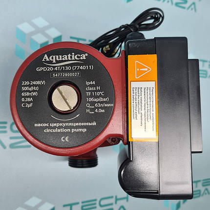 Насос циркуляційний AQUATICA з термодатчиком 65Вт Hmax 4м Qmax 63л/хв Ø1" 130мм + гайки Ø3/4" (GPD20-4T/130) (774011), фото 1