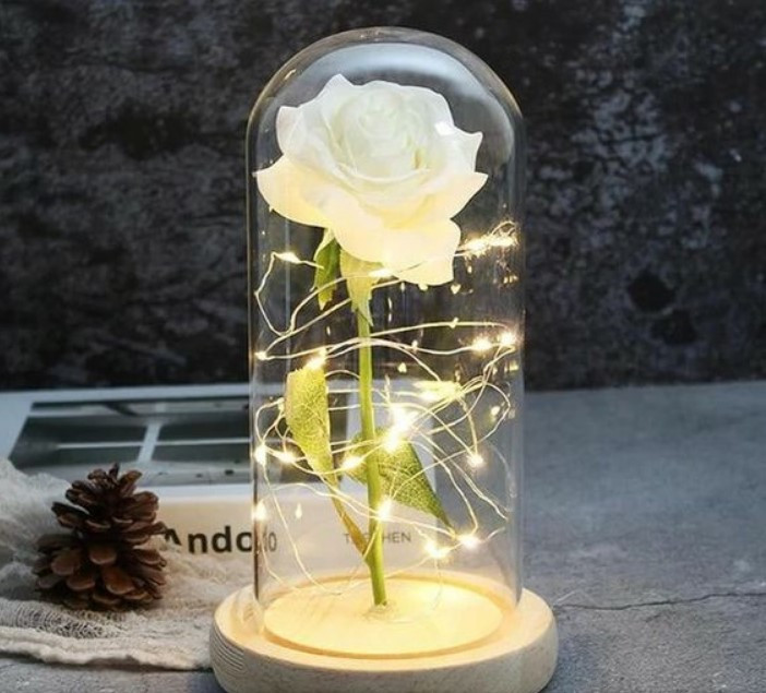 Вічна троянда у скляній колбі з LED підсвічуванням, на батарейках, біла/світле дно, фото 1